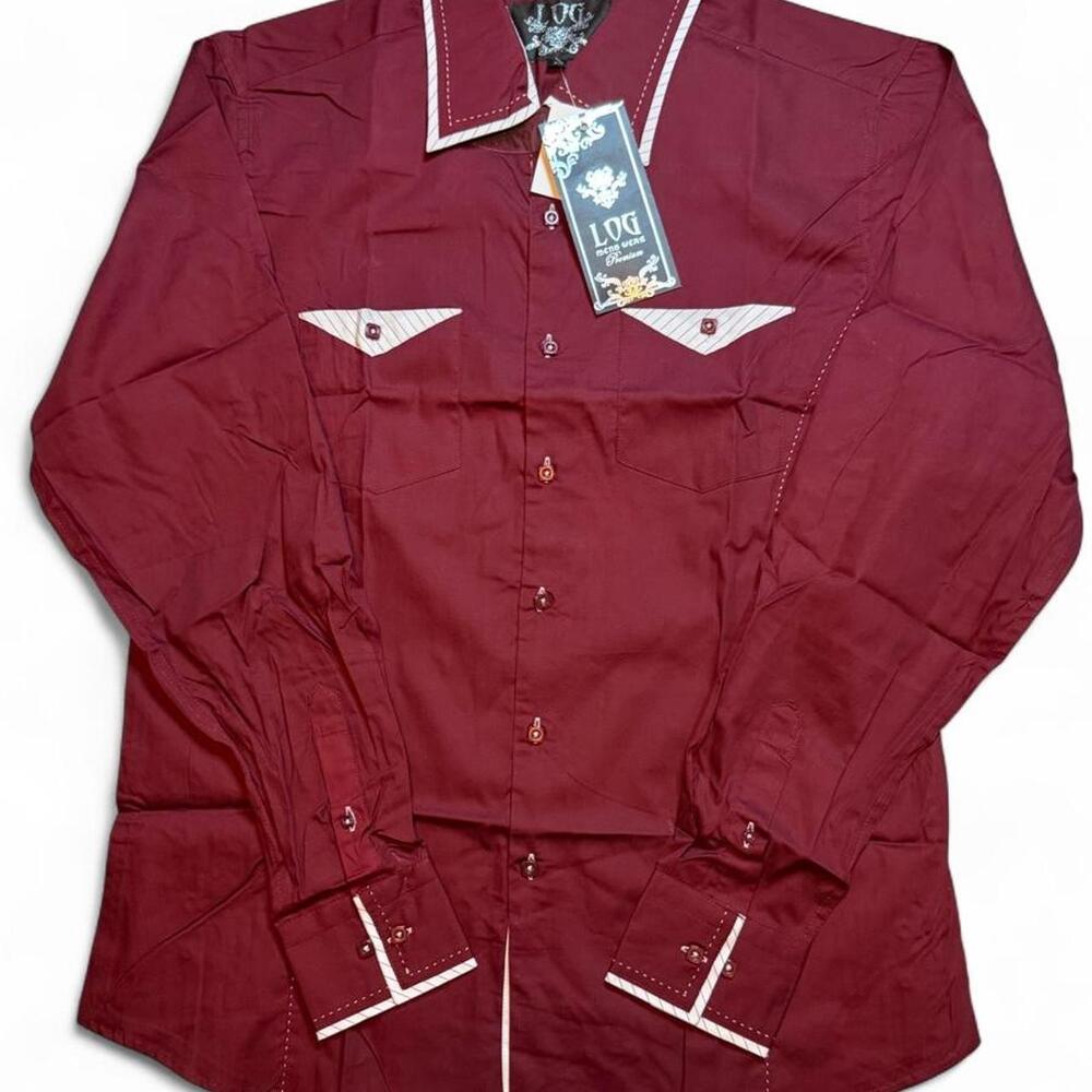 Log men’s Burgundy Dolman long sleeve button up shirt with white stitching and d